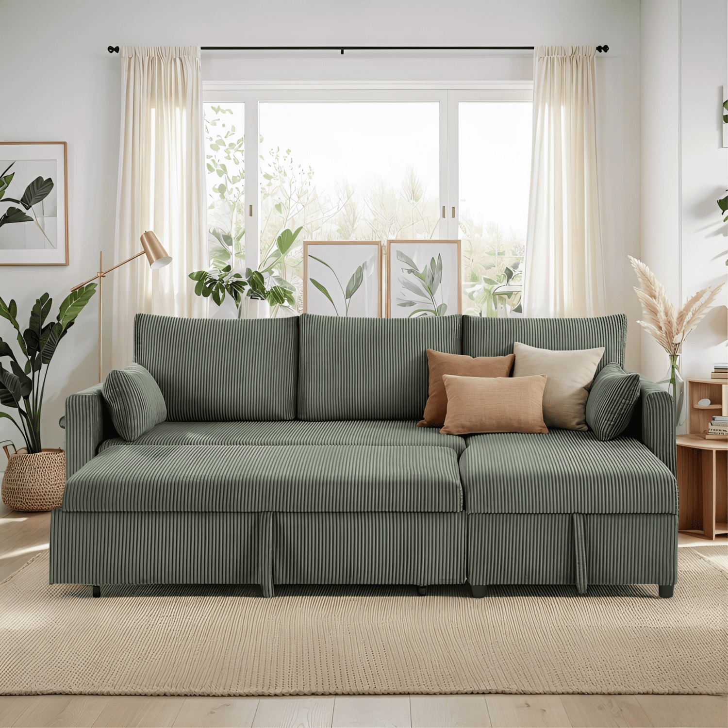 Leumius Sectional Sofa with Pull Out Sofa Bed,L Shaped Corduroy Sofa Couch with Storage Chaise,3 Seater Convertible Sectional Couch for Small Living Room, Apartment, Office,Olive Drab