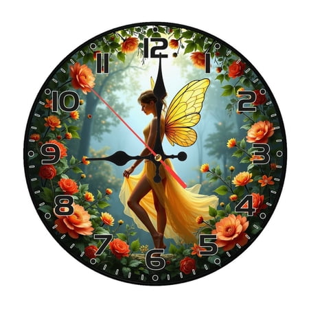 Fairy Butterfly Wings Flower Wall Clock 10 Inch Silent Non Ticking Round Clock Decoration for Living Room Kitchen Bedroom Bathroom Office Classroom