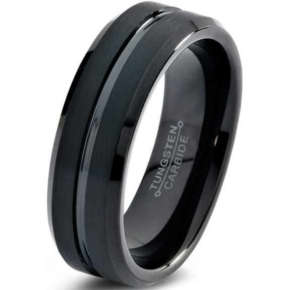 Charming Jewelers Tungsten Wedding Band Ring 4mm for Men Women Comfort Fit Black Beveled Edge Polished Brushed Lifetime Guarantee Size 11