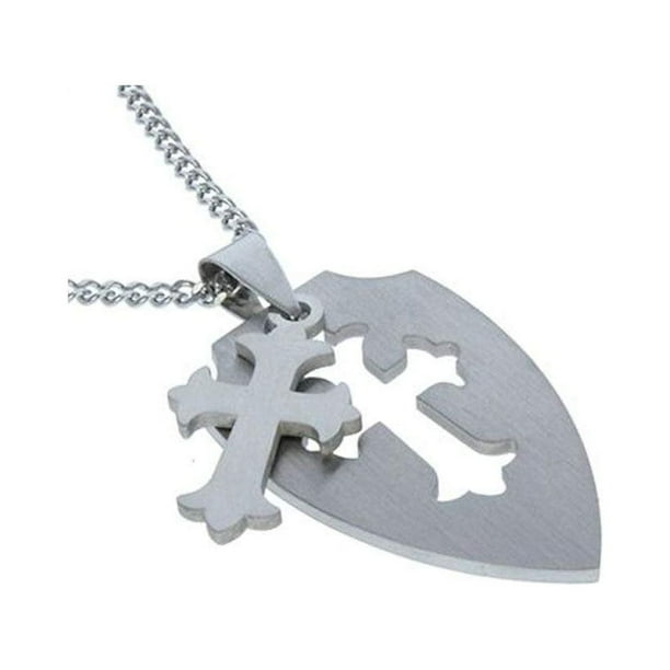 Cross Dog Tag All Stainless Steel Necklace, 22 Chain, Men or Woman