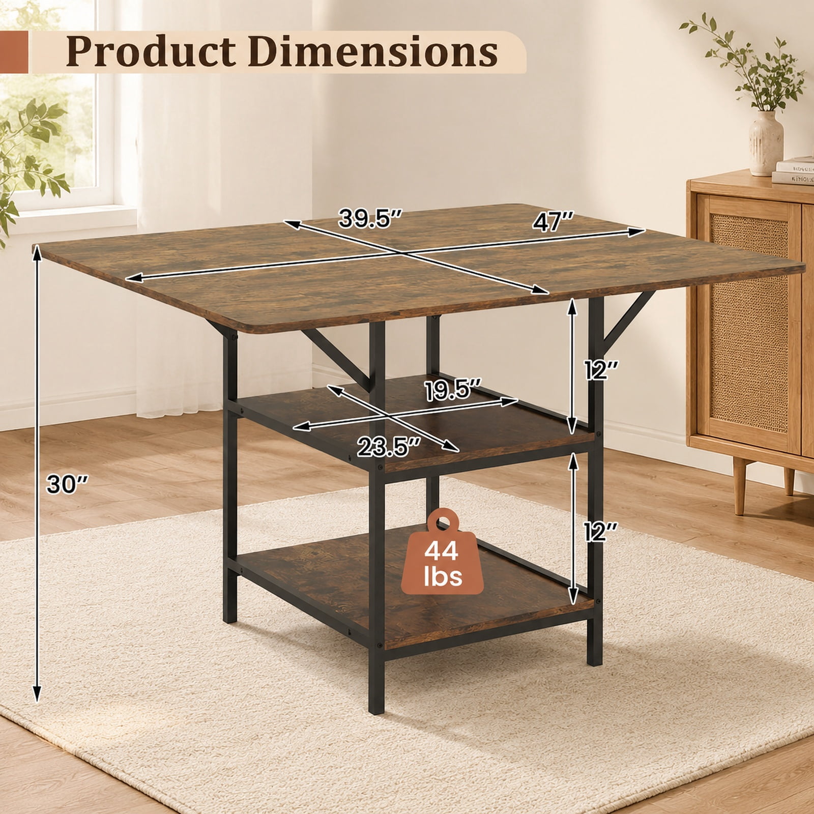 Furnibear 47 Inch Rectangular Dining Table for 4 to 6 with 2 Open Storage Shelves and Sturdy Metal Legs for Kitchen and Dining Room, Rustic Brown