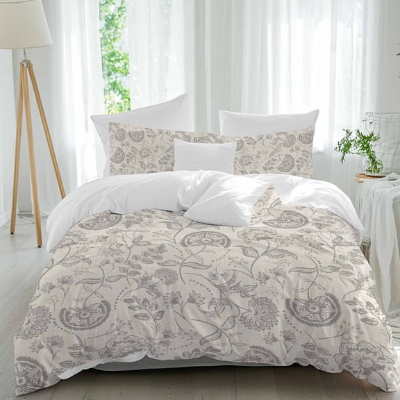 3 Piece Gray Paisley Floral Duvet Cover Set Queen Size,Microfiber Comforter/Quilt Cover with Corner Ties and 2 Pillowcases,Farmhouse Spring Summer Flowers All Season Soft Bedding with Zipper Closure