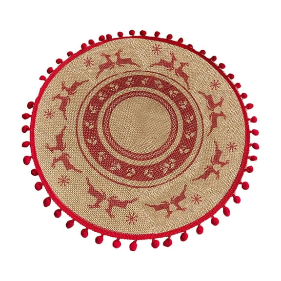 Cheapark Christmas Round Woven Placemats - Snowflake & Reindeer Prints, Red Non-Slip Scrub Resistant Mats for Holiday Kitchen & Dining Table Settings