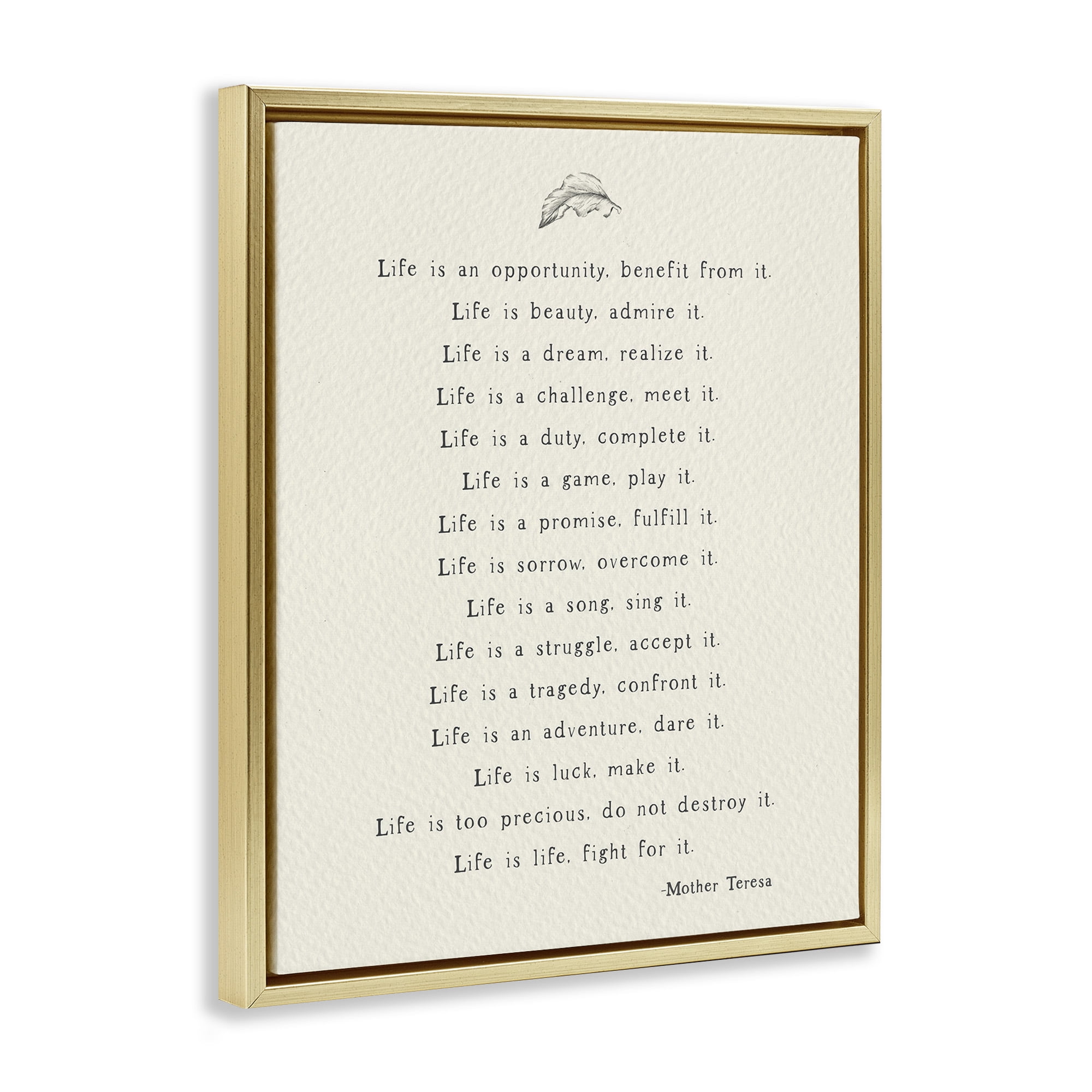 Stupell Industries Uplifting Spiritual Mother Theresa Quote Inspirational Painting Gold Floater Framed Canvas Art Print Wall Art, 17 x 21