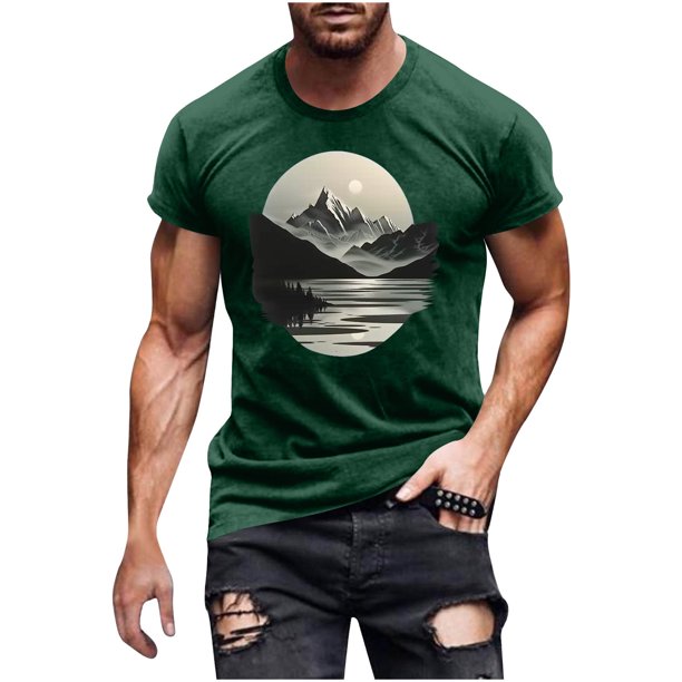 Hombres Pantalones Cortos de Manga Corta Impresa Casual Cuello Redondo Superior, Camisa de Moda para el Verano Y la Primavera