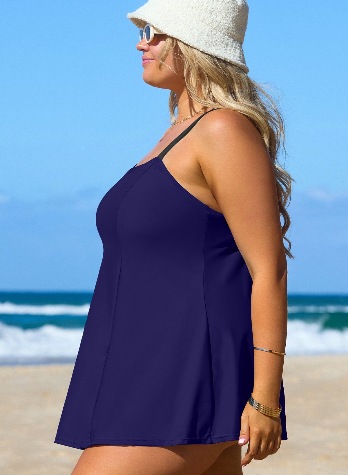 SHEWIN Woman Plus Bathing Suit One Piece Swim Dresses for Woman Tummy Control Swimm Suits with Pockets Navy Blue 3X