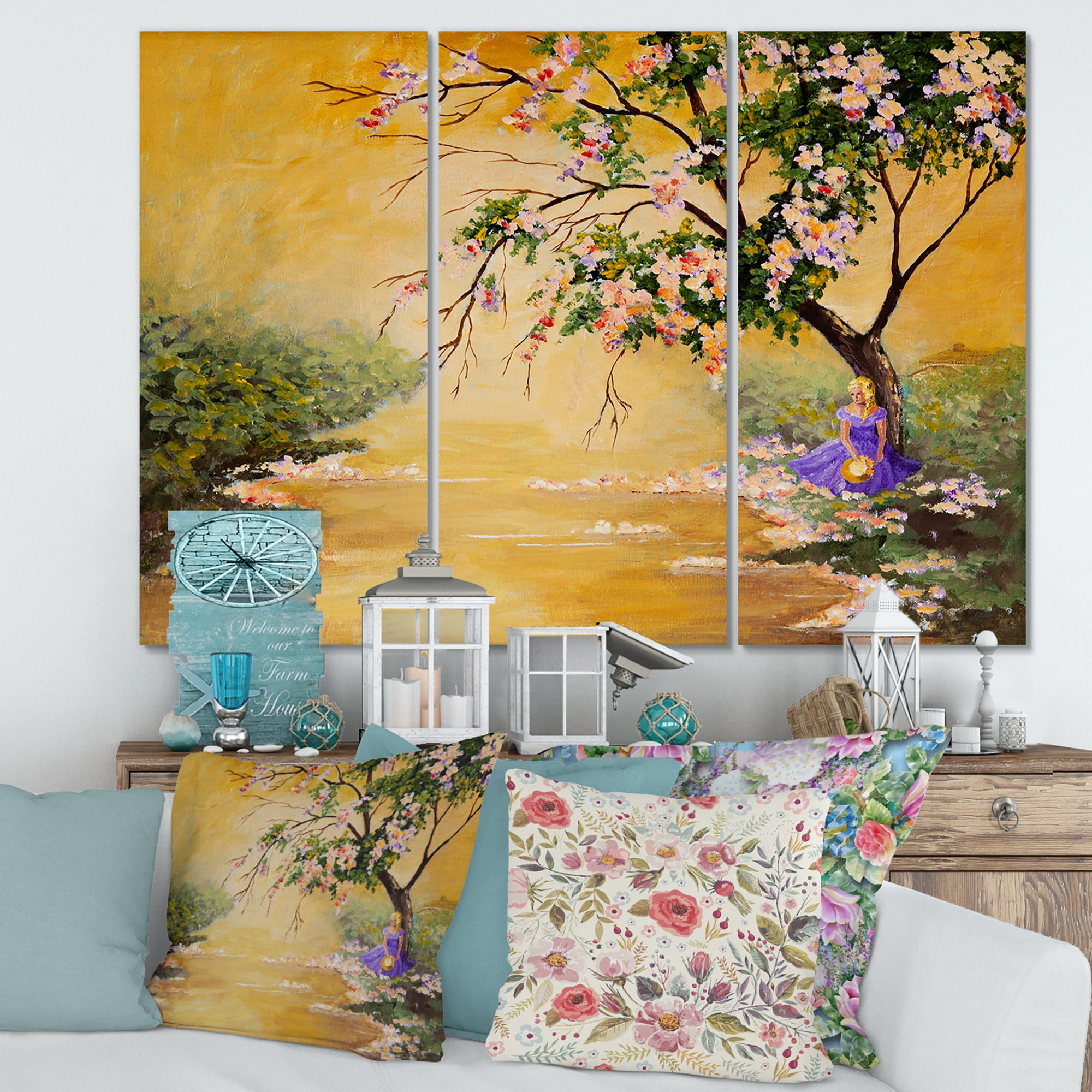 Designart ' Beautiful Girl Standing By The Flowering Tree ' Traditional Canvas Wall Art Print