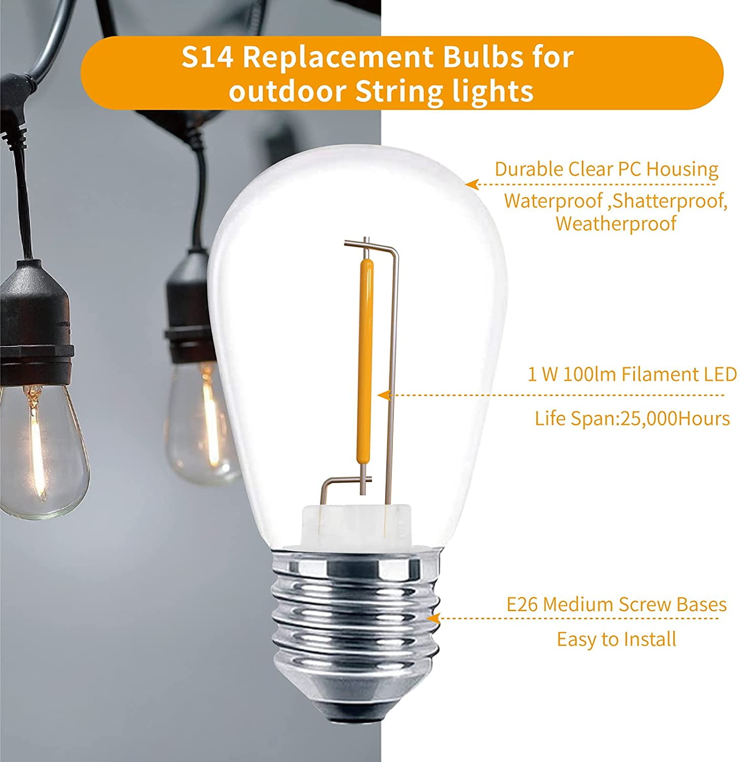 24 Pack LED S14 Replacement Light Bulbs, Shatterproof Outdoor 1 Watt to Replace 11Watts String Incandescent Bulb, E26 Regular Medium Screw Base, 2200K Warm White, Non-Dimmable