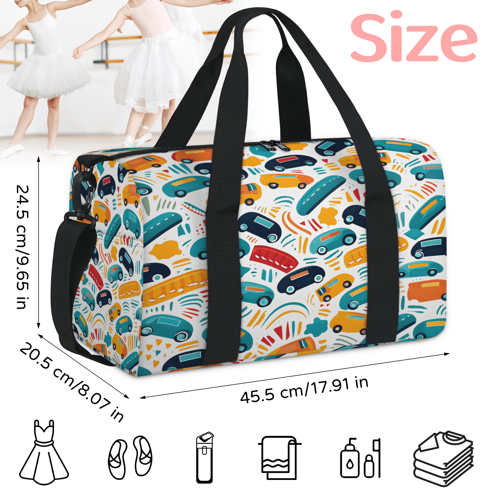 Herdesigns Cute Car Gym Bag for Women, Duffle Bag for Travel Sport, Bus Taxi Lightweight Waterproof Carry on Weekender Dance Yoga Workout Bags