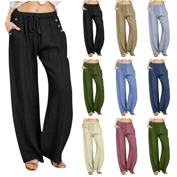 FNFYFH Clearance Cotton Linen Pants for Women Drawstring Elastic waist Wide Leg Pant with Pockets Womens Causal Solid Color Palazzo Slacks Summer Comfy Breathable Trousers,Black S-3XL