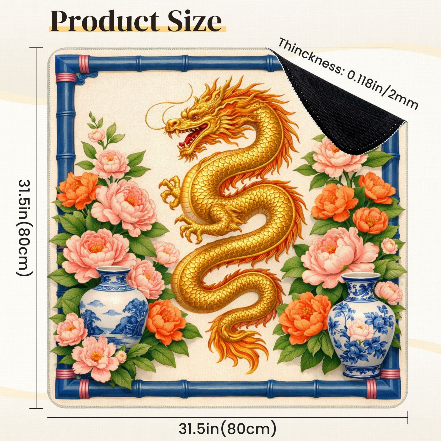 Mahjong Mat 31.5" x 31.5" Golden Chinese Dragon Pink Peonies Blue Vases Floral Non-Slip Noise Reduction Mahjong Tiles Table Cover for Dominoes Poker Card Board and Tile Games