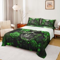 Manfei Spooky Halloween Skull Bed Sheets,Gothic Theme King Sheets,Green Flower Floral Sheet Set For Boys Teens,Super Cozy Room Decor,4pcs