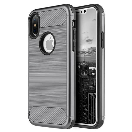 Tech Rubber - DreamWireless Carbon Tech Silk Dual Layer Hybrid Brushed Hard Plastic/Soft TPU Rubber Case Cover For Apple iPhone X XS 2017, Gray/Black