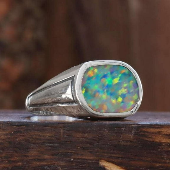 London Blue Topaz & Fire Opal Band Solid 925 Sterling Silver Mens Promise Band Ring Gift For HimHer