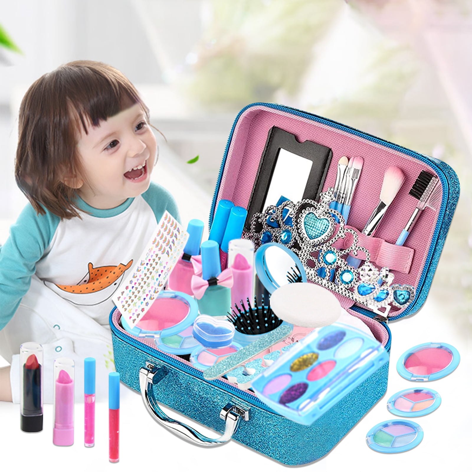 KIZSBRO Kids Makeup Kit for Girls, Washable Makeup Kit for Little Girls Princess Real Cosmetic Beauty Set, Gifts for Toddles Girl Pretend Play, Frozen