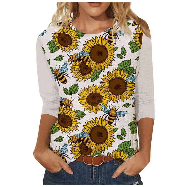 Camisas Para Mujer Moda O-Cuello Casual Tres Cuartos Estampado de Girasol Tops Camiseta Blusa Odeerbi ODB126714