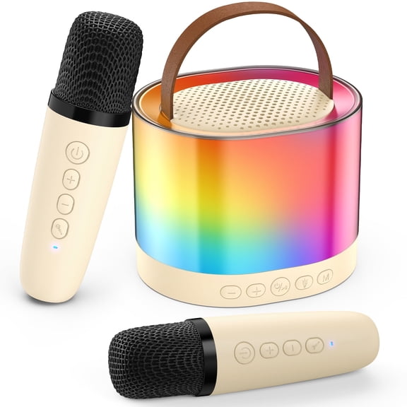 FanFun Mini Karaoke Machine Set, Portable Karaoke Speaker Bluetooth with 2 Wireless Microphones, Colorful Lights, 4 Funny Magic Voice, Ideal Gifts for Girls/ Boys, D23W-T