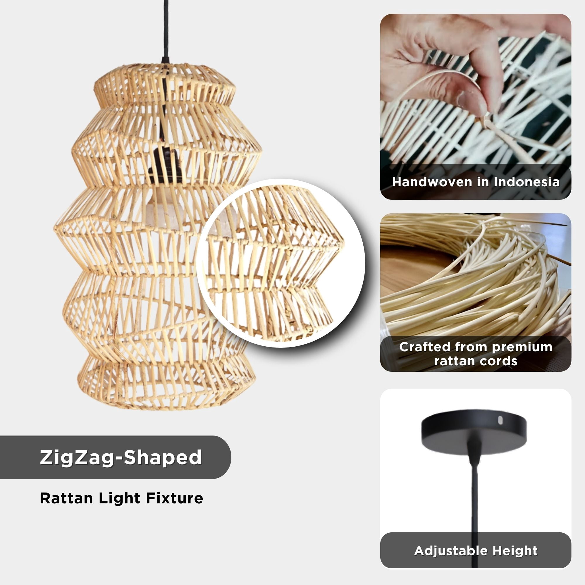 FOREVER BAMBOO Indonesian Hand-Woven Natural Rattan Chandelier Pendant Light Fixture Zig-Zag Shape for Kitchen Island, Living Room, Dining Room, 18 in H x 12 in W