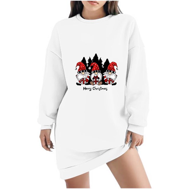 Pisexur Robes Joyeux Noël pour Femmes Imprimé Xmas Tendance Col Rond Robe Sweat Décontractée Vacances Manches Longues Robe de Soirée Mini Robe