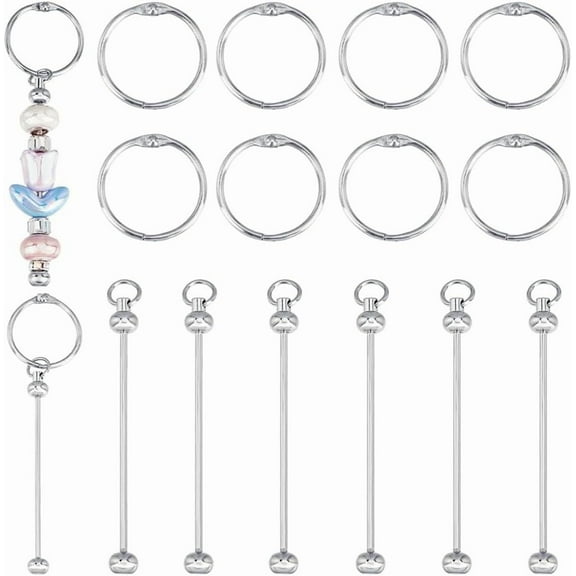 1 Box 8Pcs Silver Beadable Keychain Bars Bulk Key Chain Bars 25mm Metal Keys Ring Beaded Keychains Bead Blanks Cup Hanging Mark Bars DIY