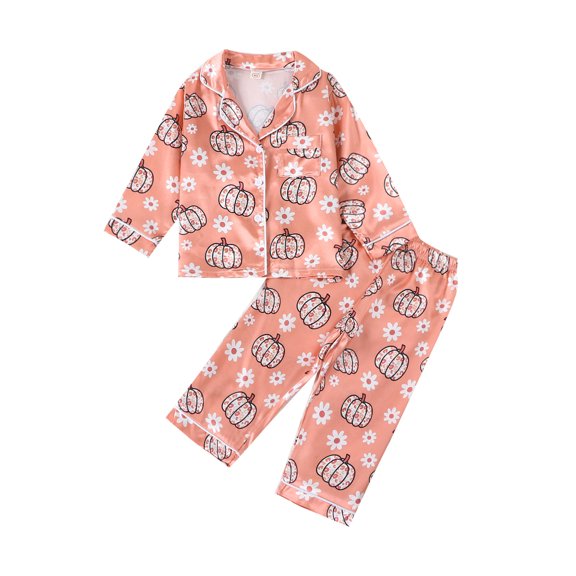 Cjfdfy Toddler Baby Girl Halloween Thanksgiving Silk Stain Pajamas Set Girls PJS Set Sleepwear Fall Winter Clothes Pumpkin Print Long Sleeve Button Down Shirt with Long Pants Set Loungewear 1-4Y