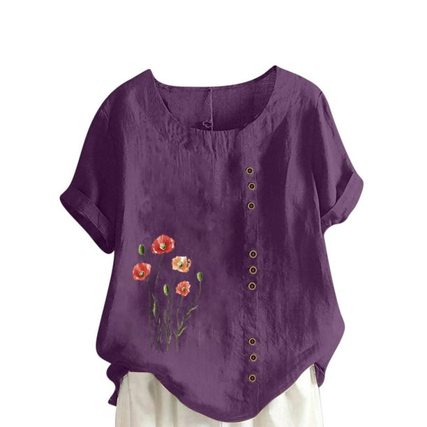 Camisetas de Manga Corta para las Mujeres Impreso Botón de Manga Corta Camiseta Blusa Poliéster, Ropa Casual Mirar Superior para las Mujeres