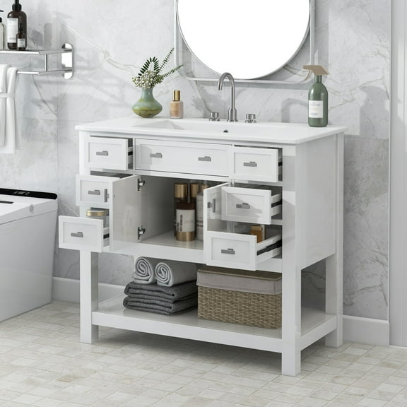 36'' Bathroom Vanity with Top Sink, Modern Bathroom Storage Cabinet with 2 Soft Closing Doors and 6 Drawers, Single Sink Bathroom Vanity