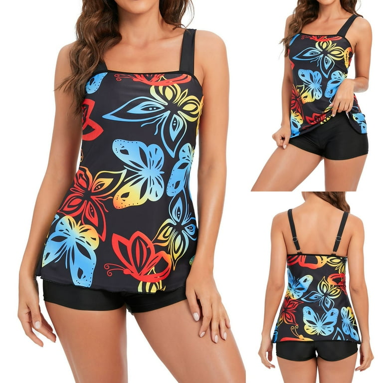 Women s Butterfly Print Tunic Bathing Tank Top Graphic Strap