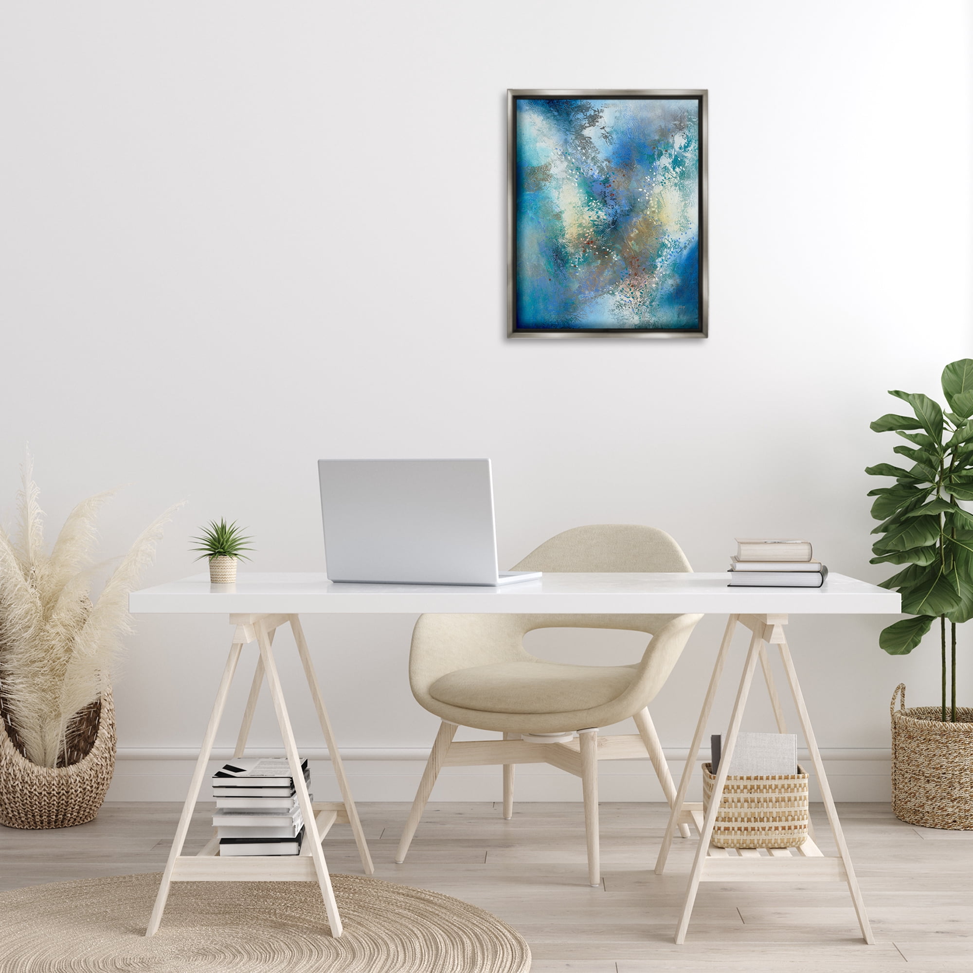 Stupell Industries Fluid Blue Abstraction Abstract Painting Gray Floater Framed Canvas Art Print Wall Art, 17 x 21