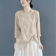 thumbnail image 2 of Lovskoo Cotton Linen Summer Tops for Women 2024 Round Neck 3/4 Sleeve Spring Casual Buttons Solid Color Blouse Loose Tops Beige, 2 of 5