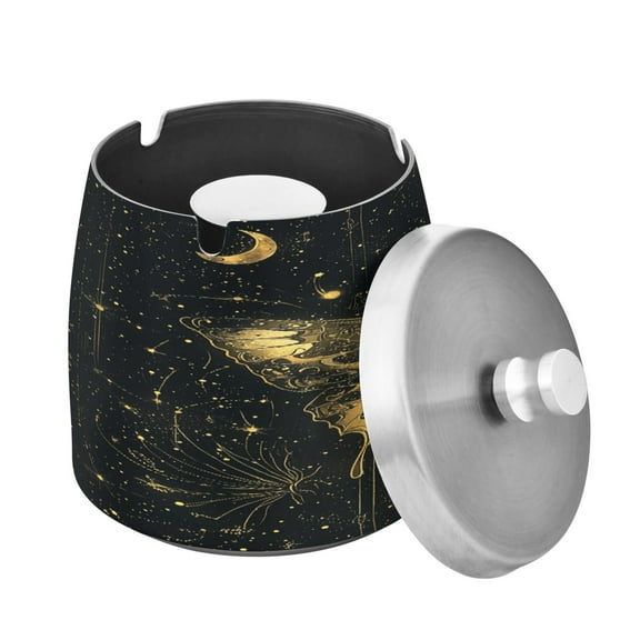 Outdoor Ashtray with Lid for Cigarette Stainless Steel Smokeless Ash Tray for Patio Home Table Decor Mysterious Butterflies and Moon