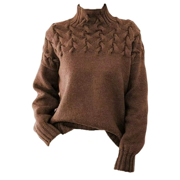 Ruiboury Women Sweater Half-high Neck Solid Color Elastic Girl Pullover  Warm Cold Weather Tops Casual Indoor Outdoor Fashion Adults Khaki XXL 