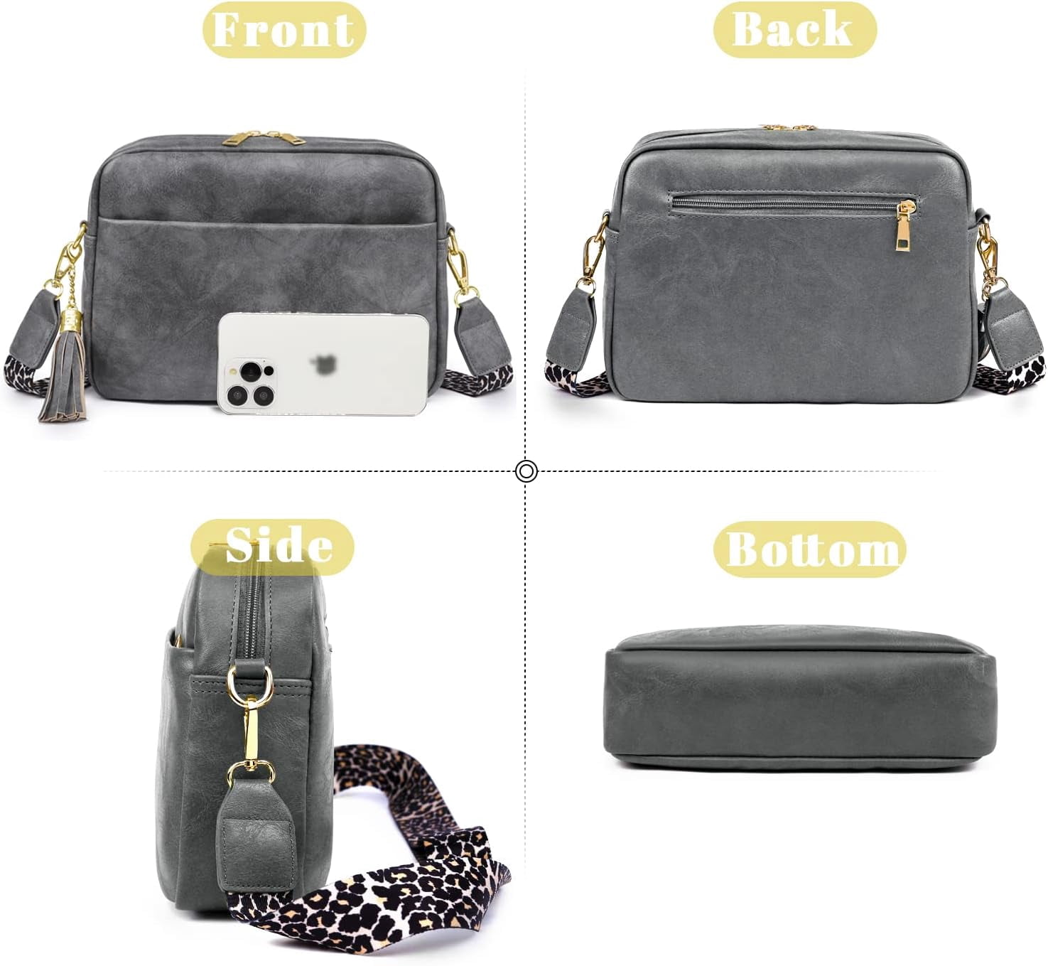 Crossbody Bag for Women Vegan Leather Shoulder Purse with Leopard Adjustable Strap Midsize Zipped Handbag