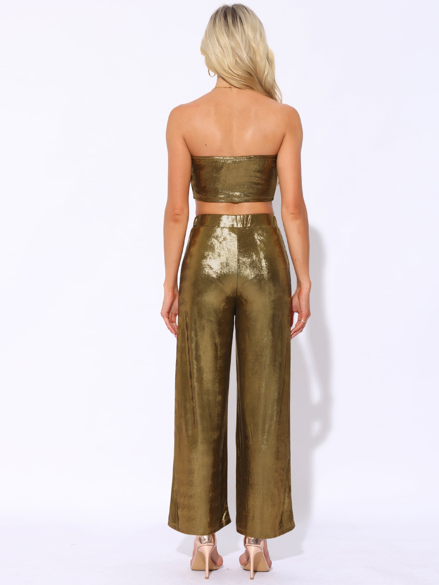 DARING DIVA Women's Metallic Party Club Flare Pants Cropped Tops Outfits XL Black Gold