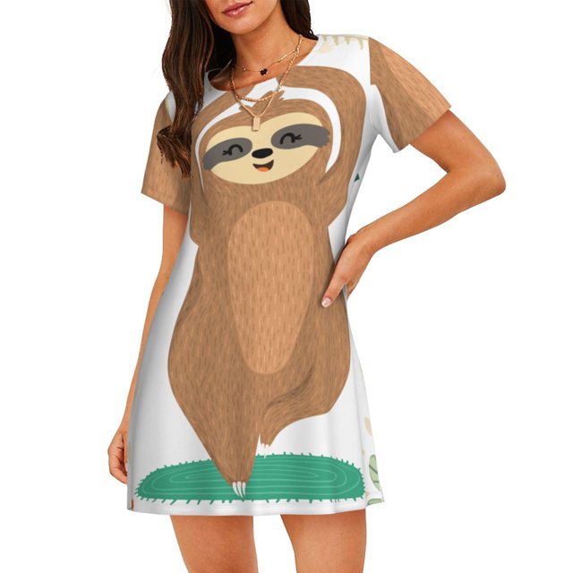 Easygdp Cute Sloth In Yoga Pose Tree Camisón de manga corta para mujer, informal, estampado