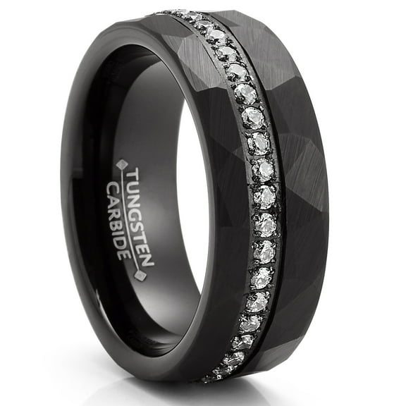 Metal Masters Mens Tungsten Carbide Hammered Black Wedding Band Eternity Engagement Ring Cubic Zirconia Comfort-Fit 8mm