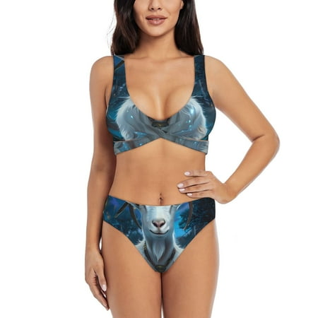 Zeuib Forest Meditating Goat High Waisted Tummy Control Bikini Set - Knot Front Push Up Top & Cheeky Thong Bottom  Two-Piece Swimsuit for Women-XX-Large