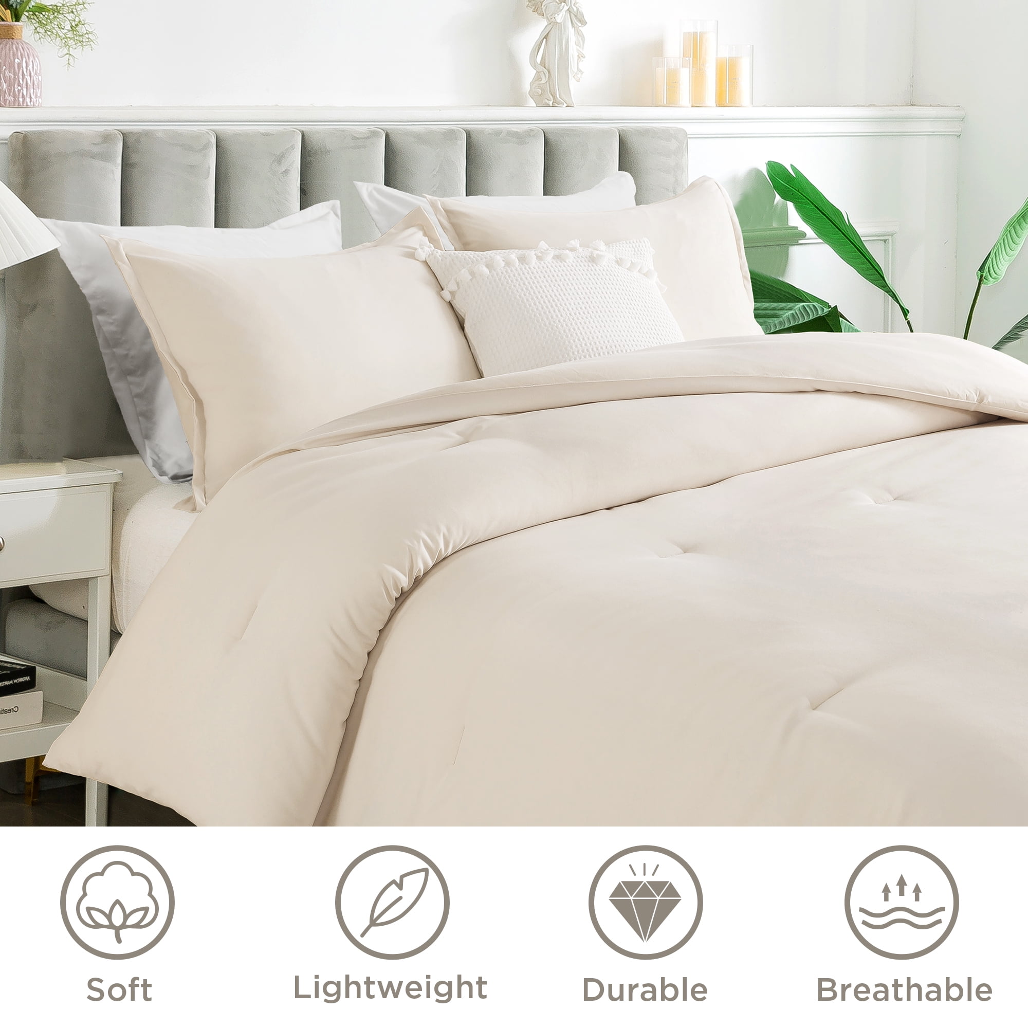 Andency Queen Comforter Set Beige, 3 Pieces Soft Fluffy Bedding Comforter Sets for Queen Bed, Solid Lightweight Microfiber Down Alternative Bed Set(1 Comforter & 2 Pillowcases)