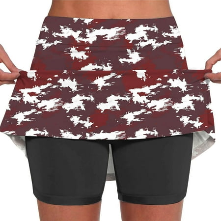 LEBONYARD Women s Seam-Free Comfort Yoga Skort Women s Summer Camouflage Print Pleated Tennis Skirts Stretchy Yoga Fake Two Piece Shorts Skirt Red M