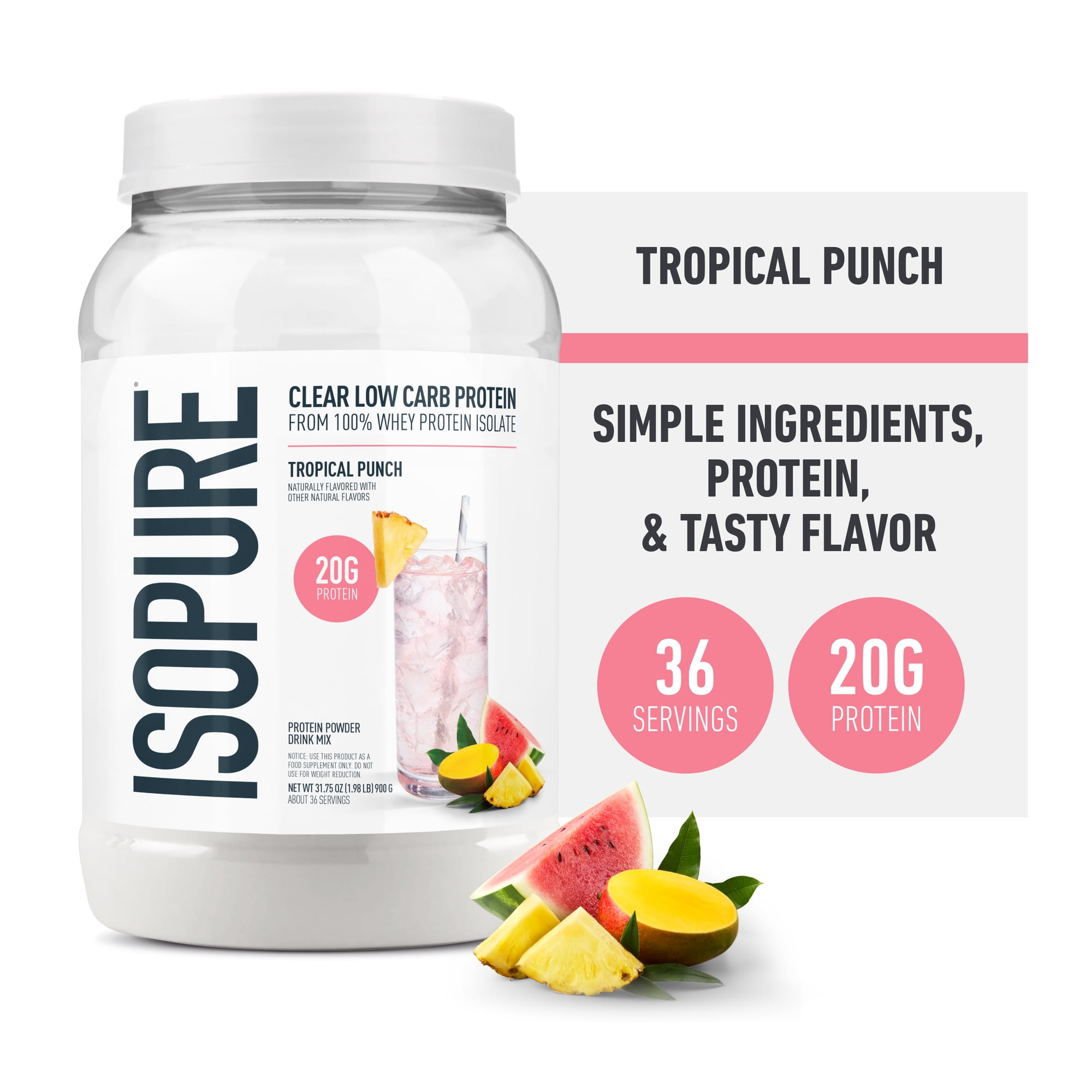 Isopure, Infusions 100% Whey Protein Isolate, 20 g Protein Powder, Tropical Punch, 1.98 lb, 36 Servings