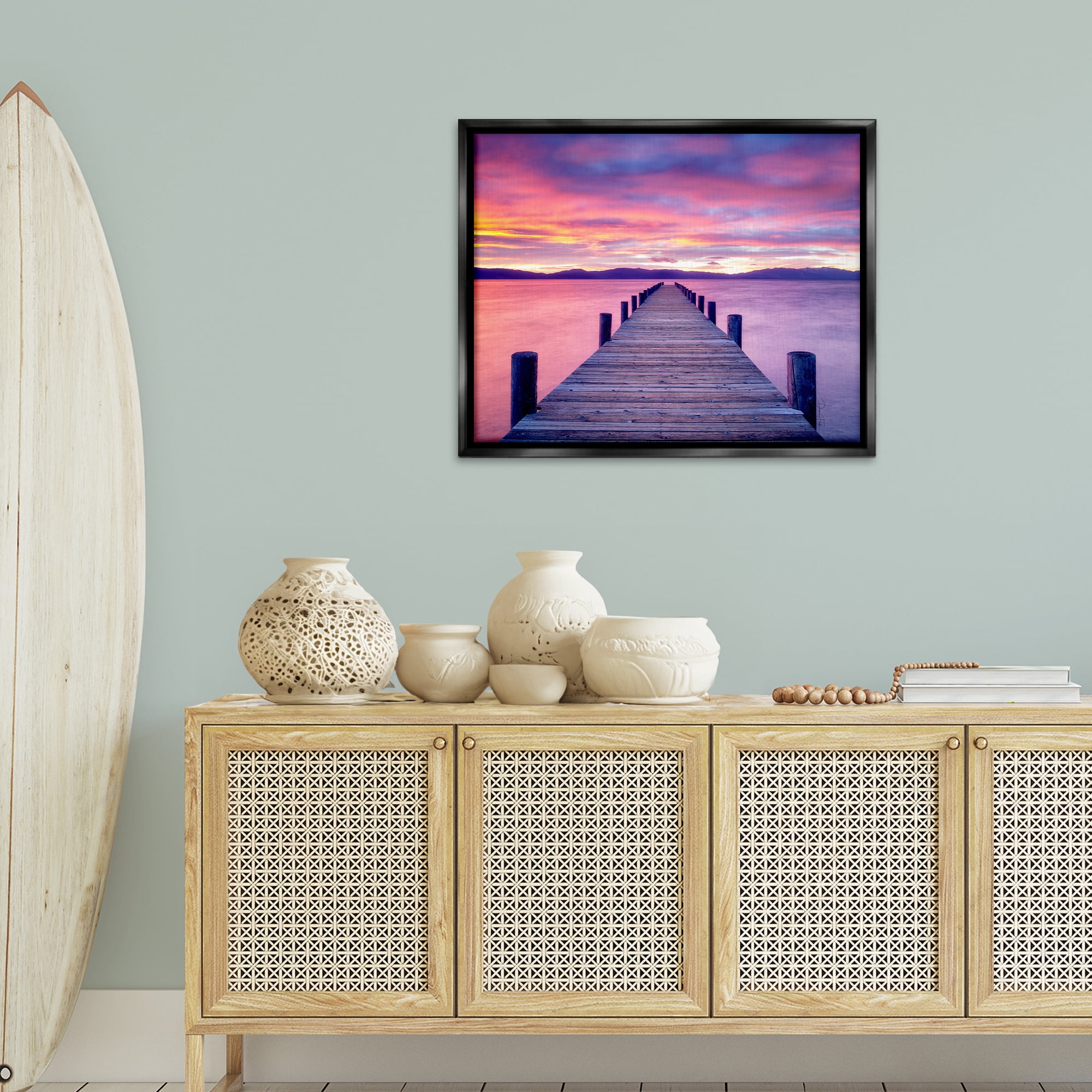 Stupell Industries Purple Sunset Dock Landscape Photography Black Floater Framed Canvas Art Print Wall Art, 31 x 25