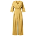 thumbnail image 5 of Karymi Halara Pants Women Solid V Neck Wrap Jumpsuit, 3/4 Lantern Sleeve Elastic High Waist Wide Leg Long Romper Pants, Pleated Front Side Pockets Jumpsuit Halara Pants Women, 5 of 5