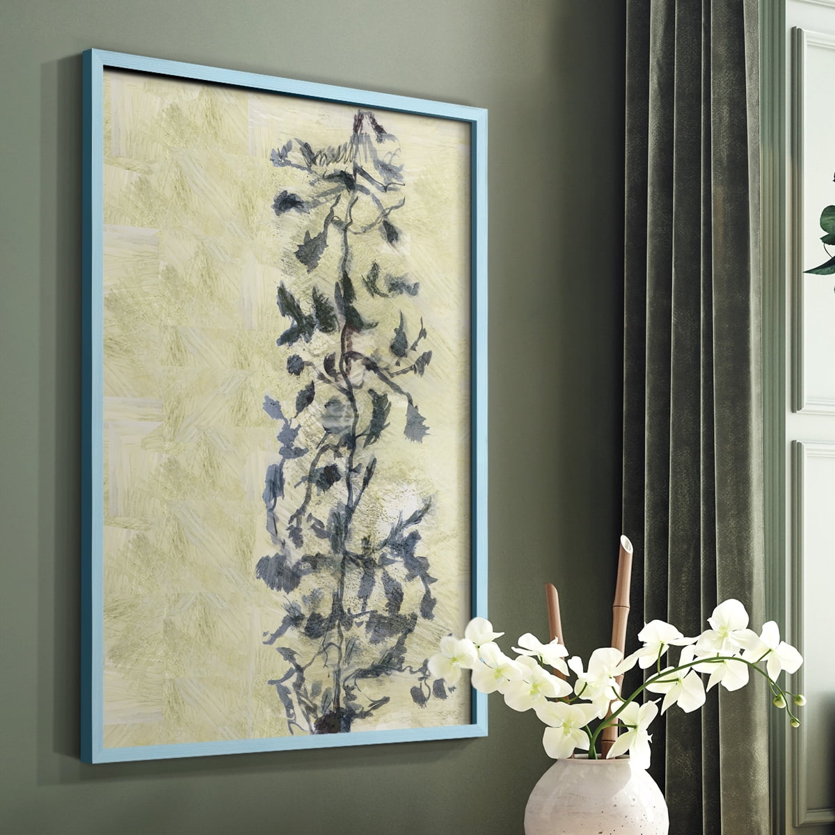 Chinoiserie 2 Tan I Framed Print in Blue Solid Wood Framed Print No Nail Hanging