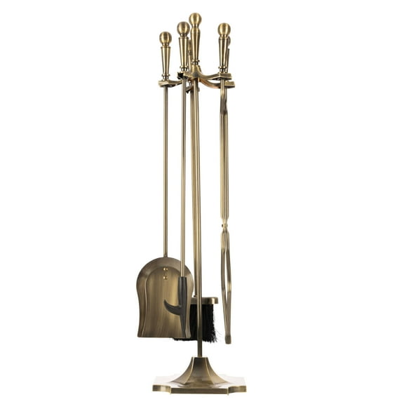 Lavish Home 5PC Indoor/Outdoor Fireplace Tool Set with Stand, Antique Brass