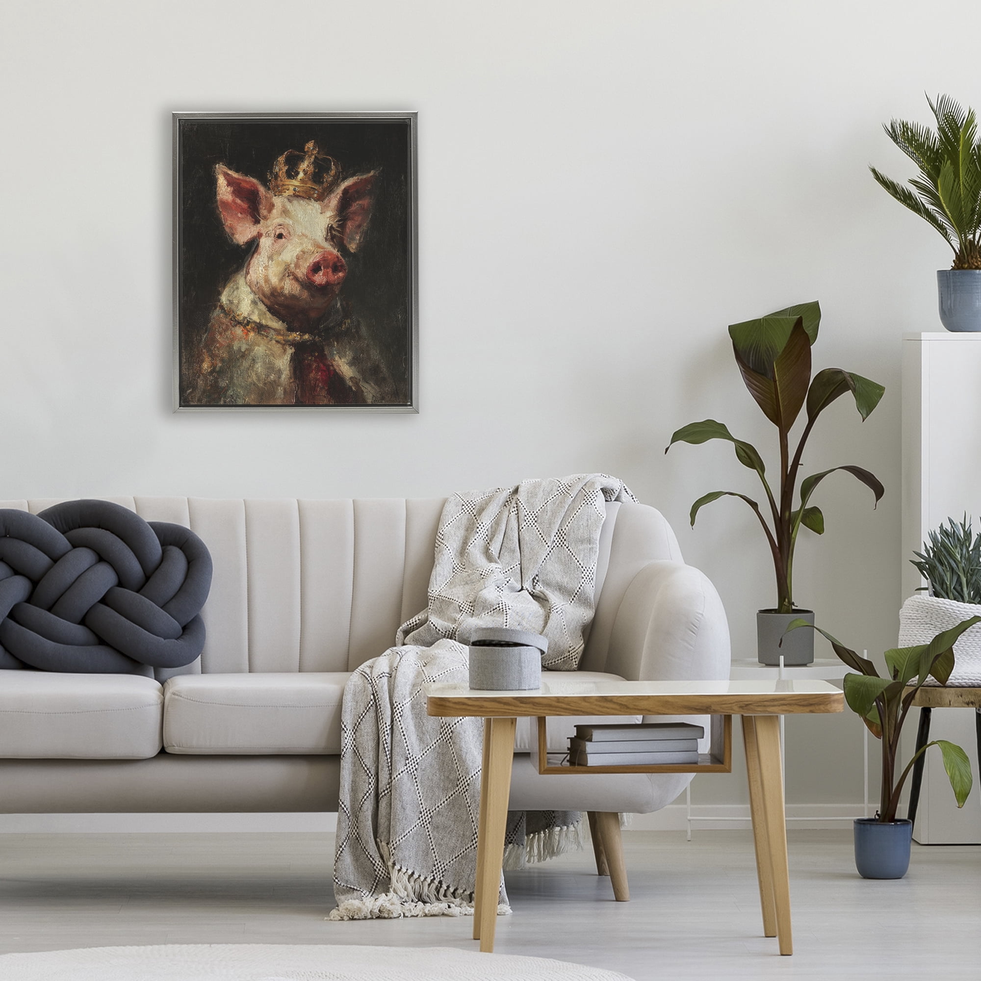 Stupell Industries Royal Swine Portrait Gray Framed Floater Canvas Wall Art, design by Svetlana Aleynikova