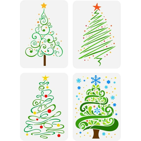 4 Pcs Christmas Tree Stencils - 11.7x8.3 inch Plastic Tree Stars Snowflake Patterns Template for DIY Art and Craft Home Wall Decor White