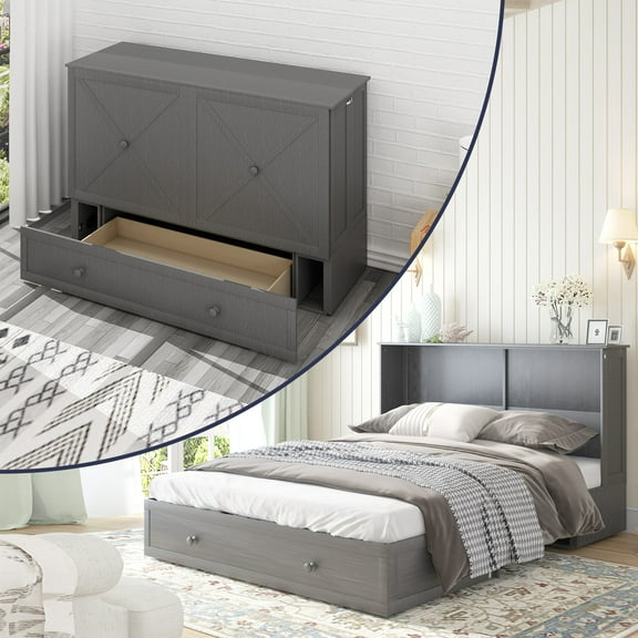 ZAFLY Murphy Bed Cabinet with USB Charging Station, Murphy Cube Cabinet Chest Bed with Drawer & Folding Mattress, Queen Size Bed for Living Room/Bedroom/Studio - Grey