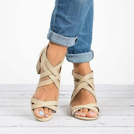 

VKEKIEO Peep Toe Heels For Women High Heel Ankle Strap Ornamental Zipper Khaki 36