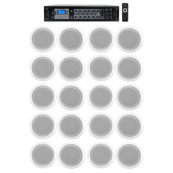 Rockville Commercial Receiver 20 6.5" 2Way White Ceiling Speakers 4 Hotel/Office