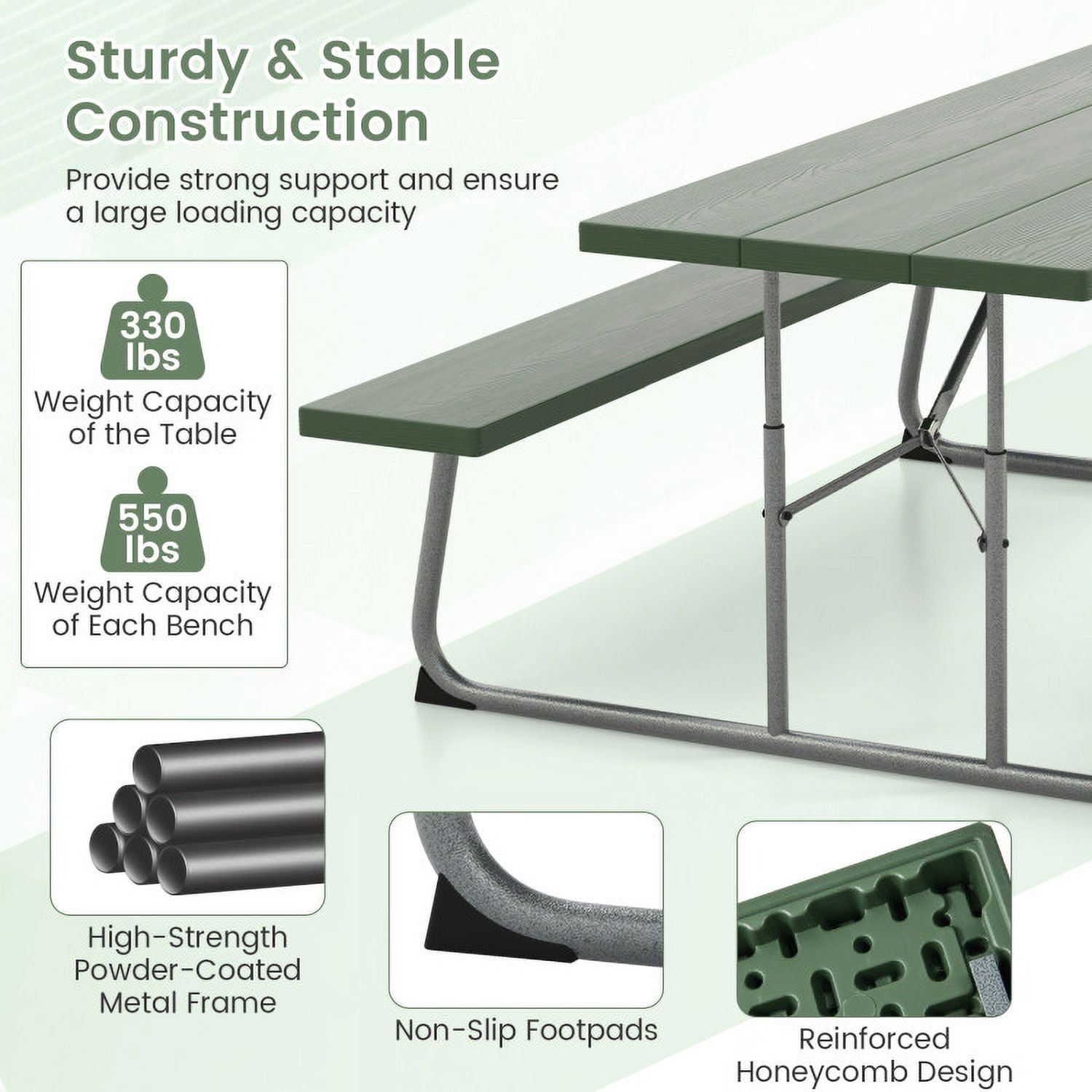 Aimee Lii Folding Picnic Table Set with Metal Frame and All-Weather HDPE Tabletop Umbrella Hole, Outdoor Patio Furniture, Green